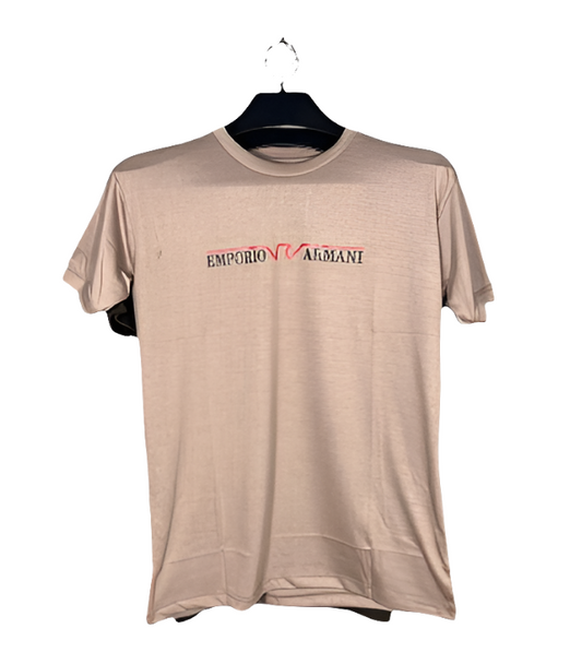 Beige t-shirt with Emporio Armani logo on a hanger against a white background